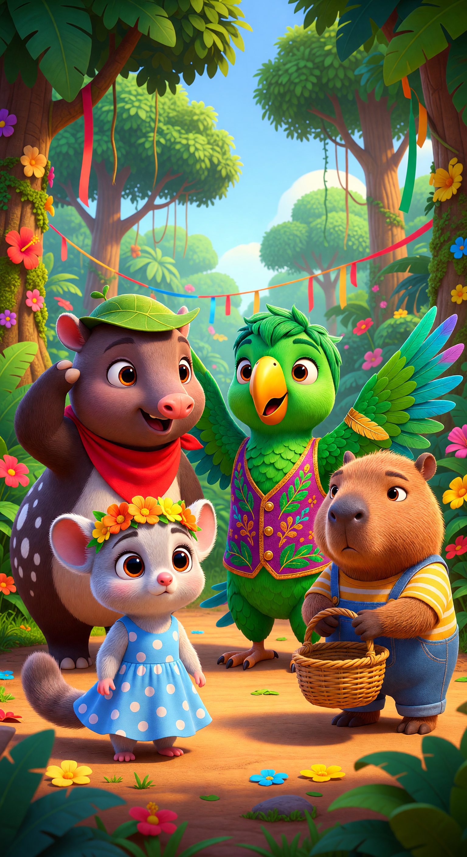 Illustrated scene 1 from Pipa's Colorful Jungle Festival, a free children's bedtime story