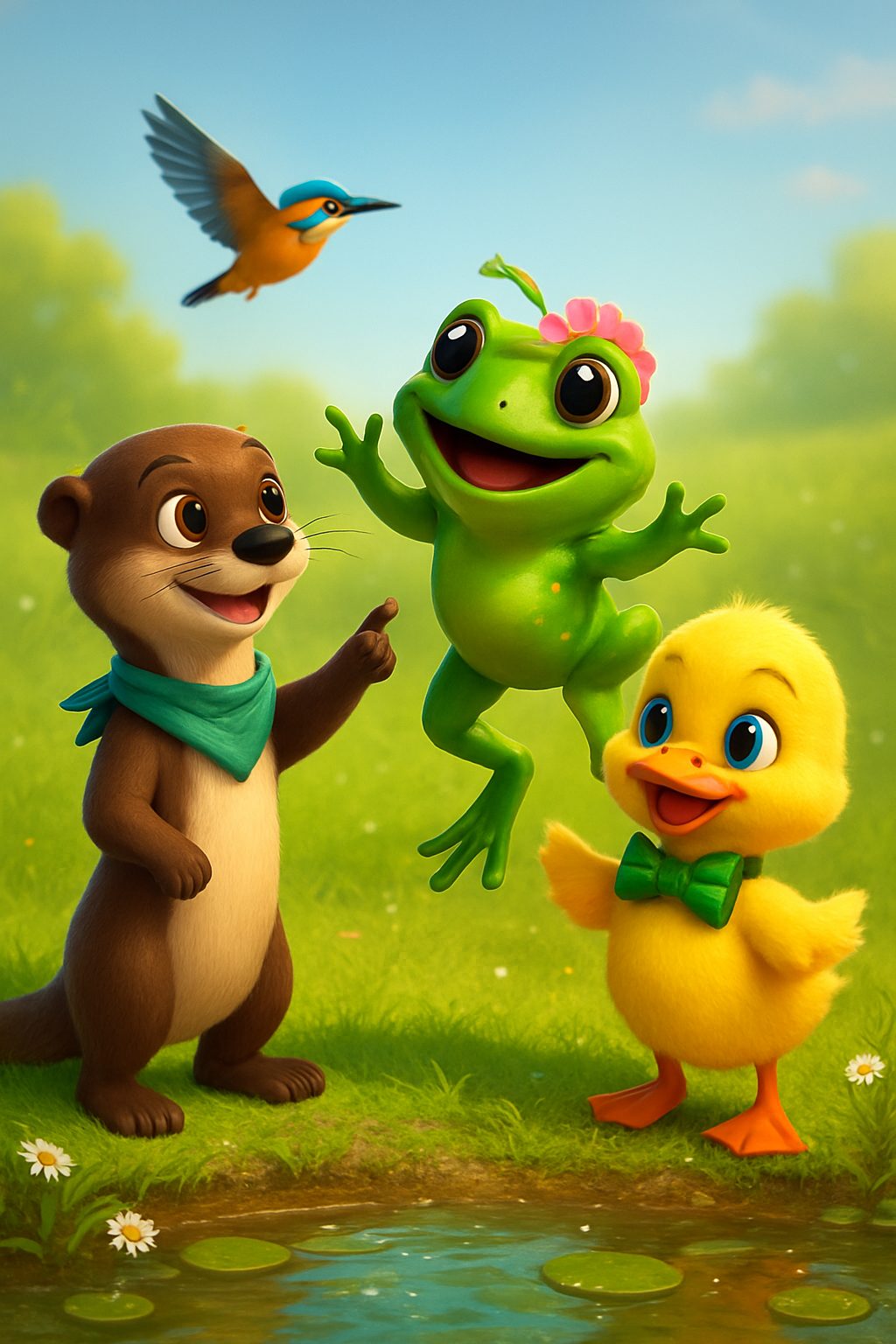 Illustrated scene 1 from Ollie, Frannie, and Doodle's Wobbly Tower Quest, a free children's bedtime story