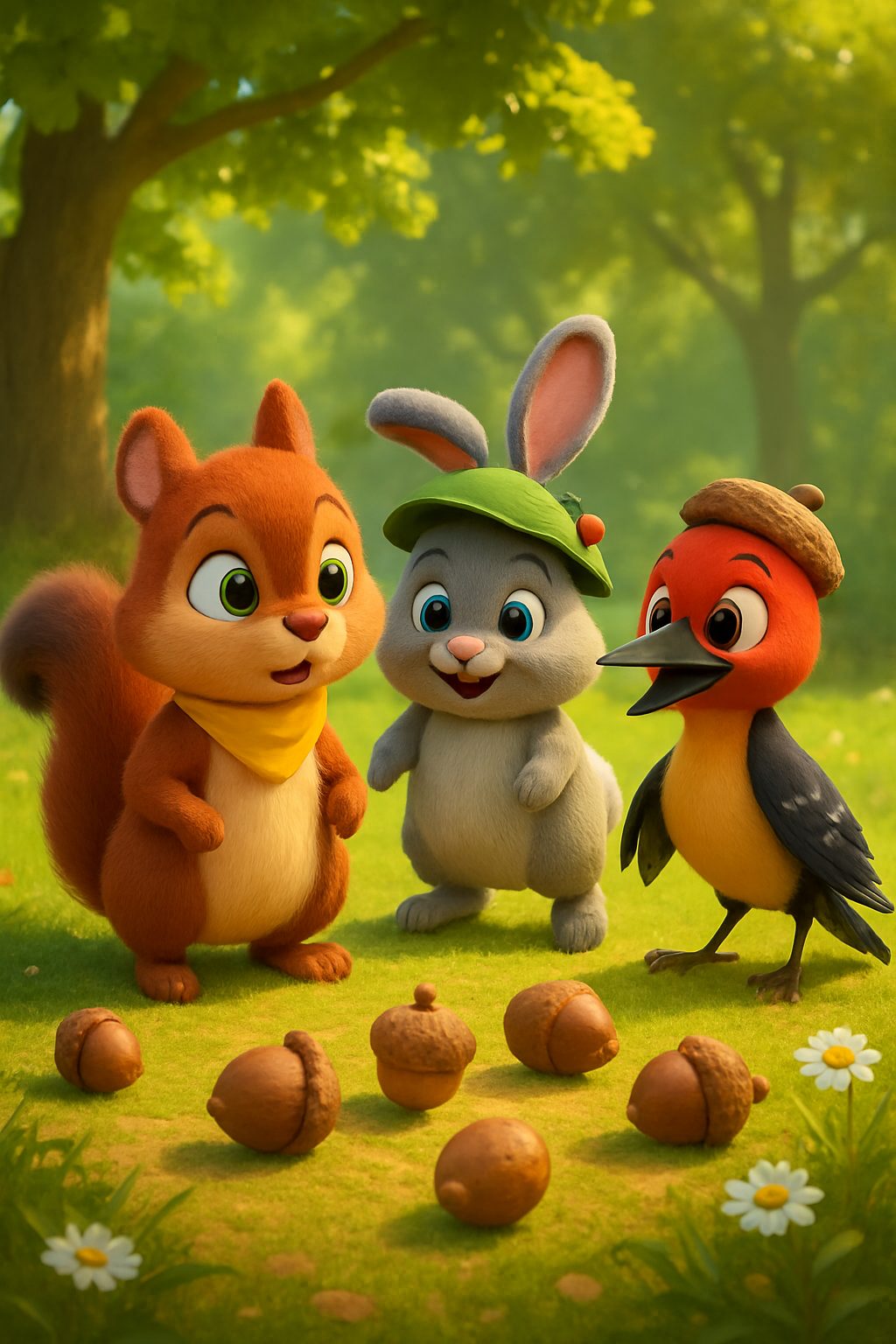 Illustrated scene 1 from Rusty, Hopper, and Peck's Nutty Forest Fumble, a free children's bedtime story