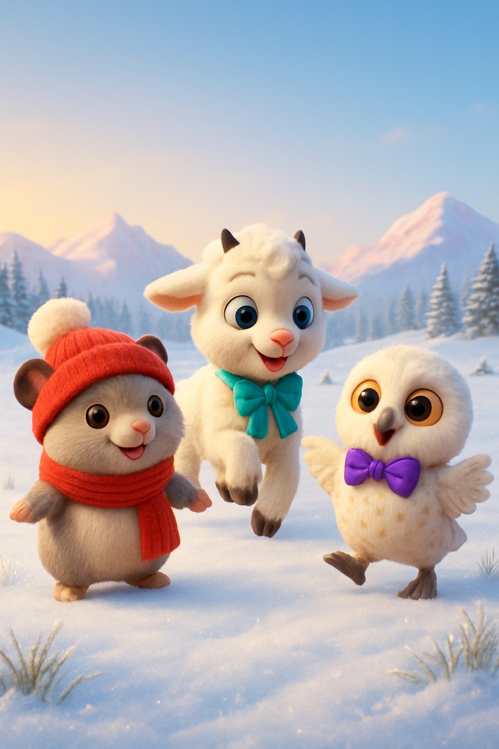 Illustrated scene 1 from Pippa, Grit, and Fluff's Wobbly Ice Tower Quest, a free children's bedtime story