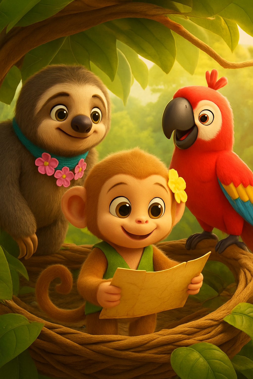 Illustrated scene 1 from Miko, Sloopy, and Parvie's Crystal Banana Quest, a free children's bedtime story